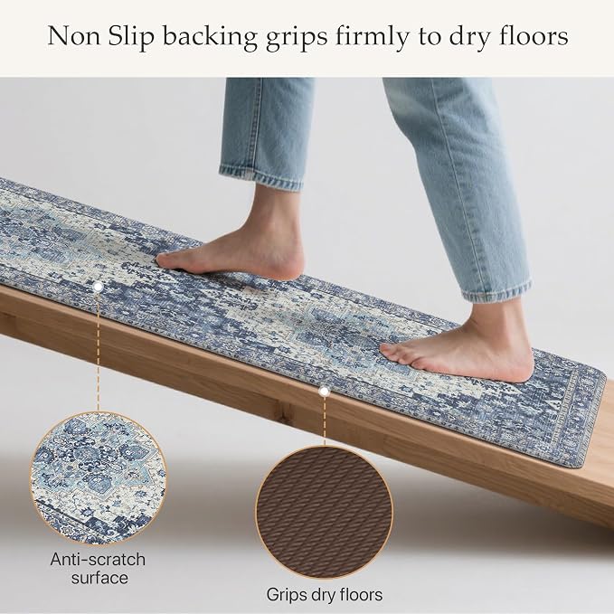 GENIMO Anti Fatigue Kitchen Mats for Floor 2PCS, Cushioned Standing Mats | 17.3"x47"&17.3"x30", Navy Blue vintage boho rug set, waterproof, non-slip, easy-clean for home laundry sink farmhouse