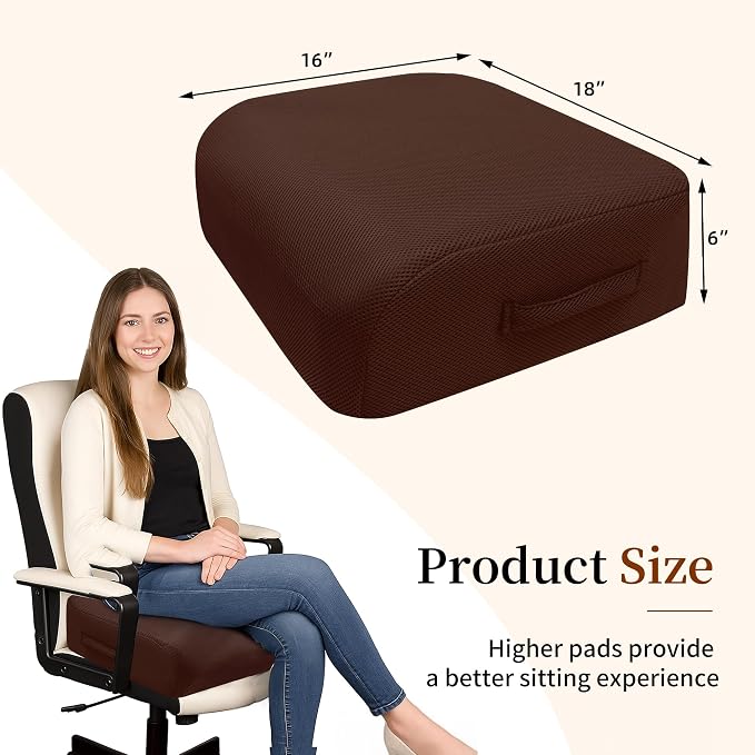6" Extra Thick Memory Foam Office Chair Cushion – 2-Layer Booster Seat for Back & Tailbone Pain Relief, 18 x 16 x 6in Non-Slip Cushion with Carry Handle for Wheelchair, Car, and Airplane