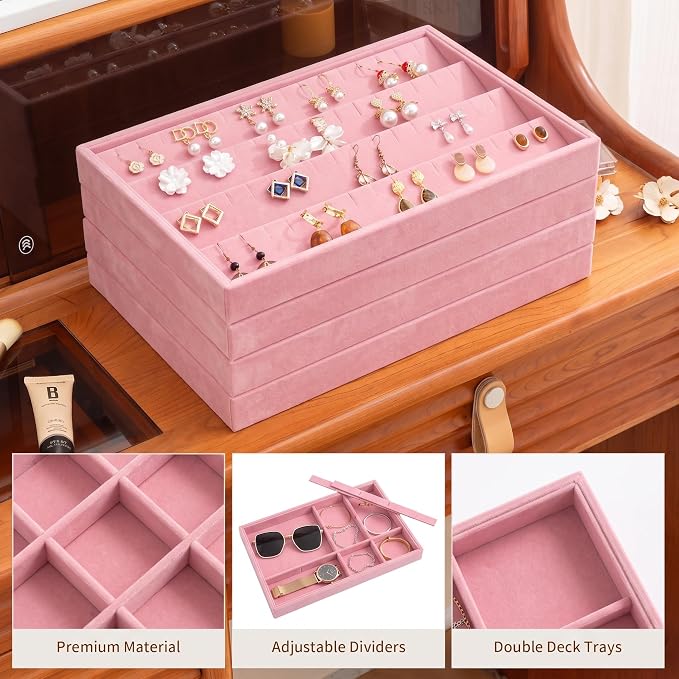 Jewelry Trays for Drawer,Set of 4 Jewelry Organizer and Storage | Velvet Material,Stackable,Adjustable Dividers,Drawer Inserts for Rings Studs Bracelet,Earring Organizer for Women Girls