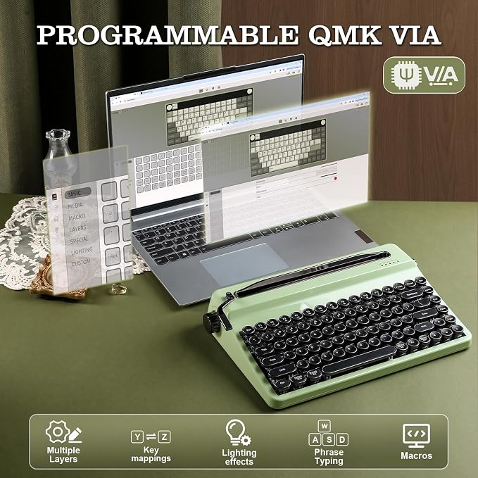 YUNZII QL75 Wireless Typewriter Hot Swap Retro Mechanical Keyboard,Punk Round Keycaps,RGB Backlit QMK/VIA Programmable, Multi-Device Keyboard with 2.4GHz/Type-C/BT5.0 (Green, Cocoa Cream V2 Switch)