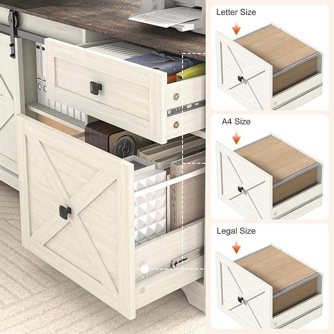 St.Mandyu L Shaped Electric Standing Desk 55" White with Power & Storage | File drawer, sliding door cabinet, cup holder, height adjustable, sturdy wood frame, home office for work/study/writing