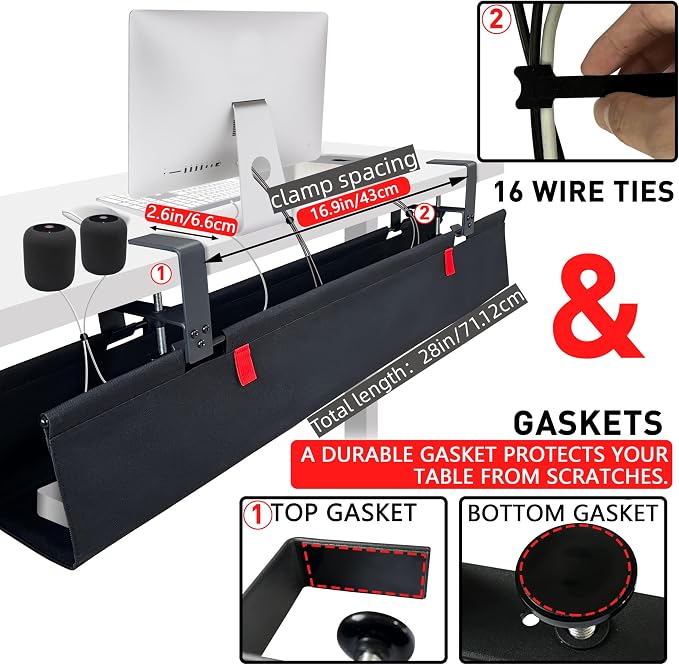 No Drill Under Desk Cable Management Tray, 28" Desk Cable Organizer | Premium Oxford Fabric Cable Management, Clamp Screw Desk Cable Management, Large Capacity Table Cable Organizer for Office