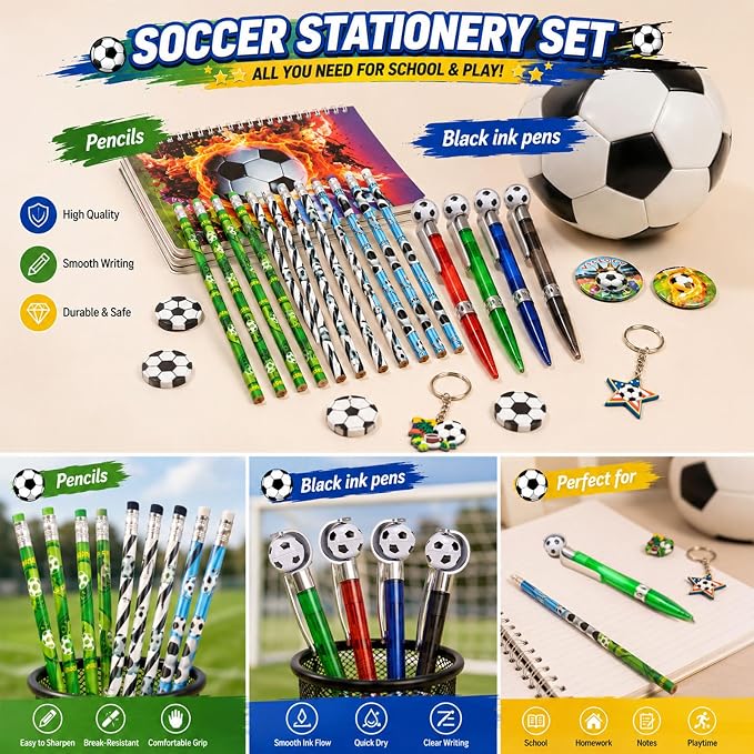 DIGOBAY 61PCS Soccer School Supplies Set for kid Boys, Teen Back to School stationery Supplies with Pencil Case Drawstring Bag Spiral Notebooks Pens Pencils Tattoos Wristbands Gift Box