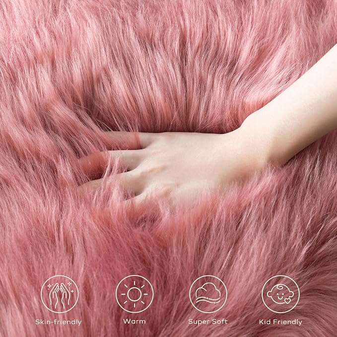 Ashler Faux Fur Rug, Fluffy Shaggy Area Rug Ultra Soft 2.3 x 3.3 Feet Sheepskin Fur Rug, Blush Pink Fuzzy Machine Washable Shag Rug, Nursery Decor Throw Rugs for Bedroom, Kids Room, Living Room