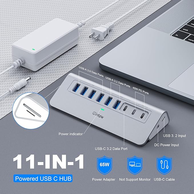 YH6AC Plus Powered USB Hub 10Gbps, 11 Port USB 3.2 Hub(USB A/USB C 3.2+4 USB-A 3.0+2 PD 45W Fast Charging Ports+SD/TF Card Reader), 65W Power Adapter,Aluminum USB HUB for PC,Laptop,iPhone 17/16