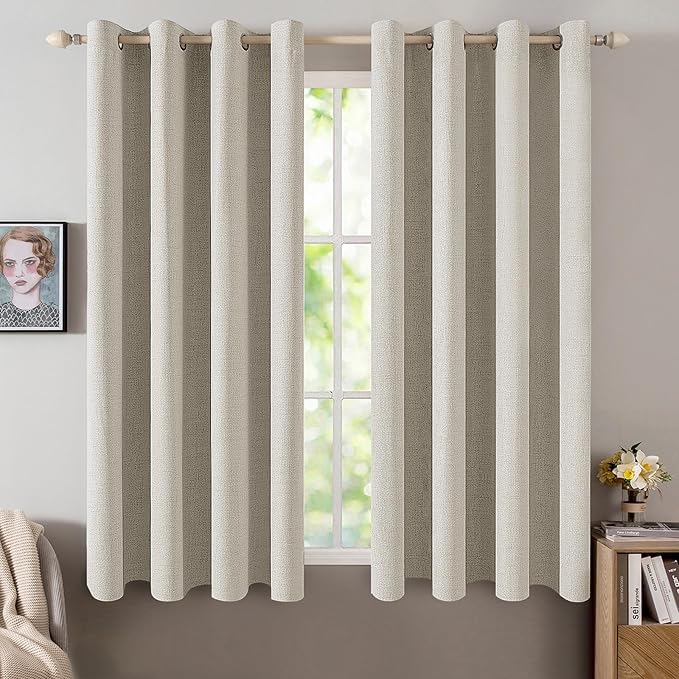 MIULEE Linen Curtains for Bedroom 100% Blackout Thermal Insulated Cobblestone Grommet Room Darkening Curtains & Drapes for Living Room 52 x 45 Inch (2 Panels)