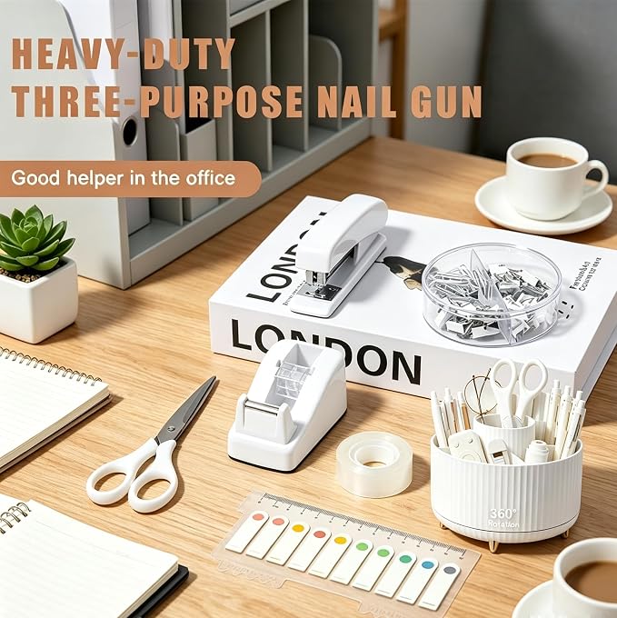 Office Supplies Set Rotating Pen Holder for Desk with Stapler Staple Remover, Tape Dispenser,Tape Refills, Binder Paper Clips Kit, Scissor,Pen, Ruler & Sticky Tabs,White Office School Supplies(White)