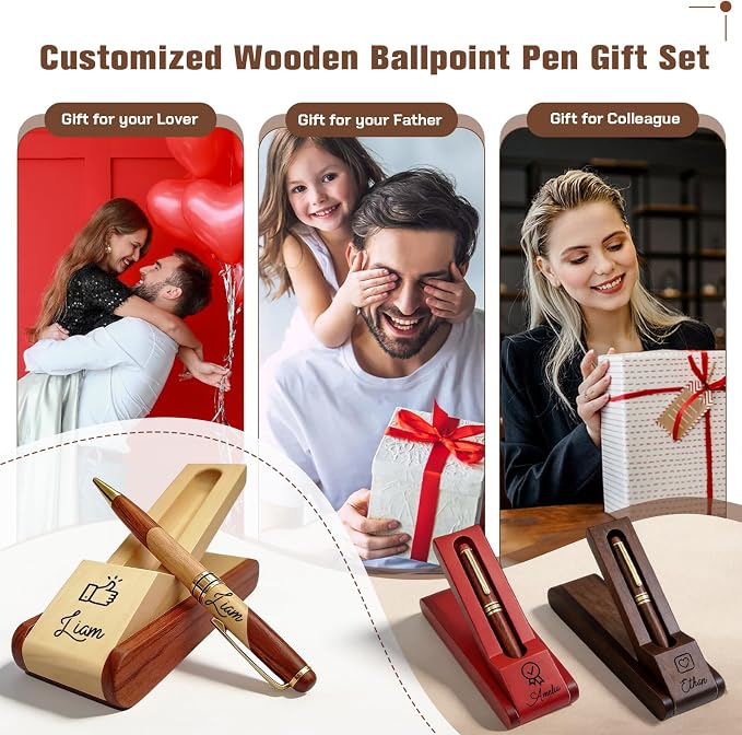 Custom Wooden Ballpoint Pen Set Customized with Name Text Logo Personalized Wood Pens Set with Engravable Wood Gift Box for Men Women Boss Colleague Friend (customized pen)