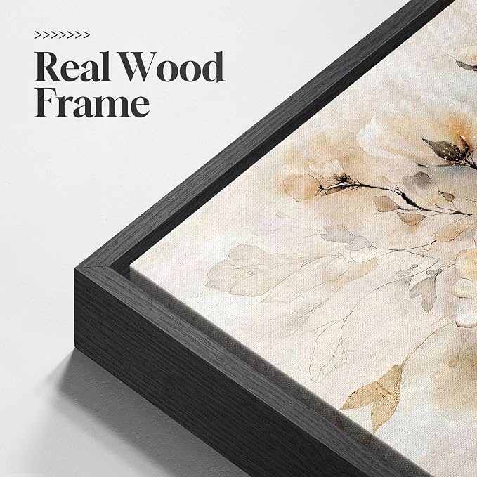 Framed Neutral Floral Wall Art, Botanical Flower Canvas Painting Prints for Modern Farmhouse, Rustic Retro Watercolor Pictures for Living Room Bedroom Dining Room Office Kitchen Wall Decor, 24x36 Inch