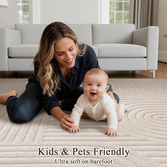 SHACOS Soft Cozy Fluffy Arch Pattern High Low Pile Area Rugs 9'x12' Large Non Slip Washable Modern Geometric Rug Scandinavian Minimalist Carpet for Living Room Bedroom Dining Room, Beige