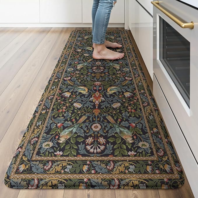 KIMODE Kitchen Mats Anti Fatigue,Cushioned Kitchen Rugs Runner | Navy Blue Green,Boho Floral Bird Kitchen Rugs Non Slip ,Wide Long Memory Foam Kitchen Floor Mat for Laundry Sink Office Home