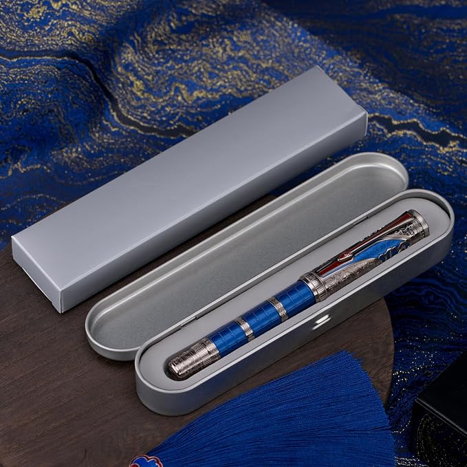 Hongdian D5X Fountain Pen Blue Color Extra Fine Nib, Qin Dynasty Retro Chinese Totem Engraving Smooth Writing Pen with Converter and Pen Box Set