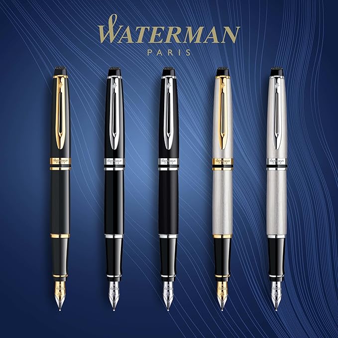 Waterman Expert Fountain Pen, Matte Black with Chrome Trim, Fine Nib with Blue Ink Cartridge, Gift Box