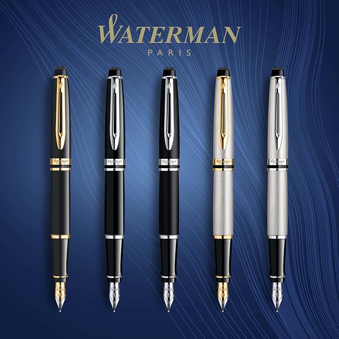 Waterman Expert Fountain Pen, Gloss Black with Chrome Trim, Medium Nib with Blue Ink Cartridge, Gift Box
