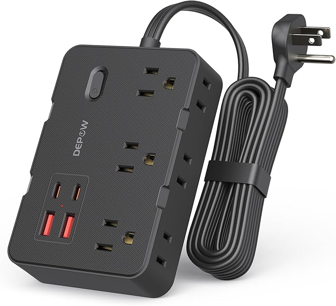DEPOW Surge Protector Power Strip with Flat Plug, 5 FT Extension Cord with 6 AC Outlets 4 USB Ports(2 USB-C),1050J Surge Protection, Wall Mountable Charging Station for Office, Home, Black