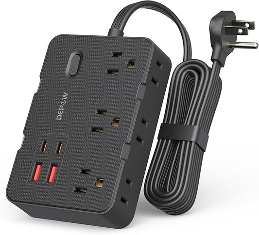 DEPOW Surge Protector Power Strip with Flat Plug, 5 FT Extension Cord with 6 AC Outlets 4 USB Ports(2 USB-C),1050J Surge Protection, Wall Mountable Charging Station for Office, Home, Black