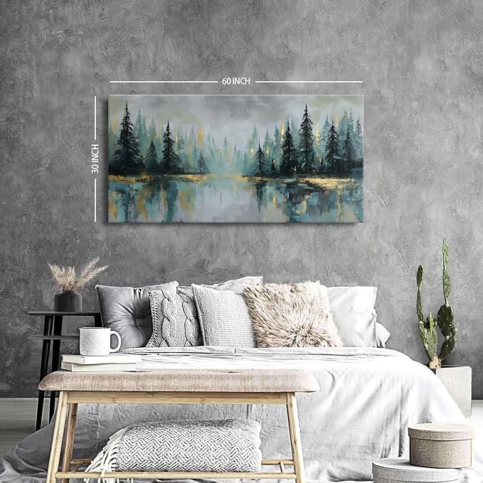 AIYISU Green Forest Wall Art Vintage Fog Pine Trees Landscape Wall Decor Nature Green and Gold Forest Lake Scenery Canvas Prints Pictures Farmhouse Artwork Kitchen Living Room Home Decorations 30x60