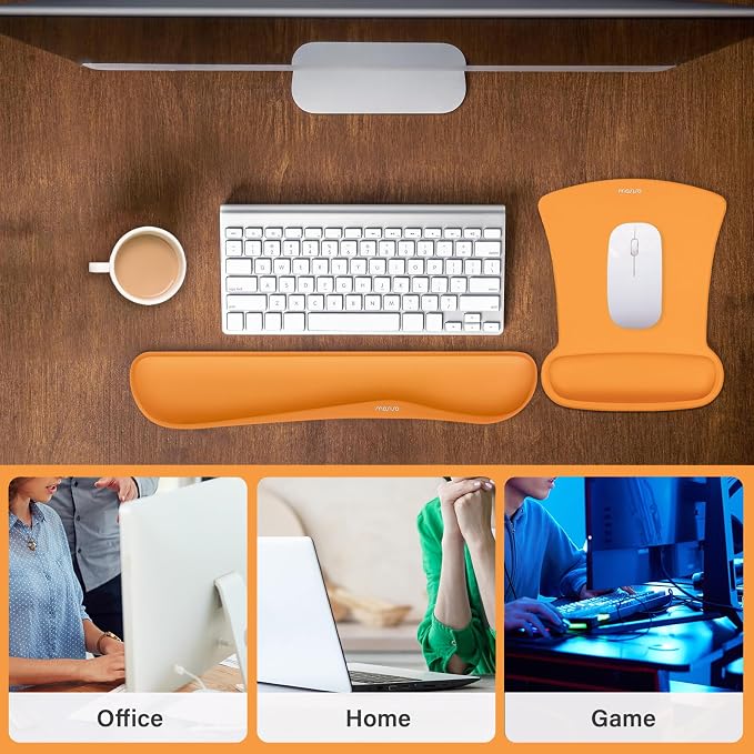 MOSISO Wrist Rest Support for Mouse Pad & Keyboard Set, Ergonomic Mousepad Non-Slip Base Home/Office Pain Relief & Easy Typing Cushion with Neoprene Cloth & Raised Memory Foam, Orange