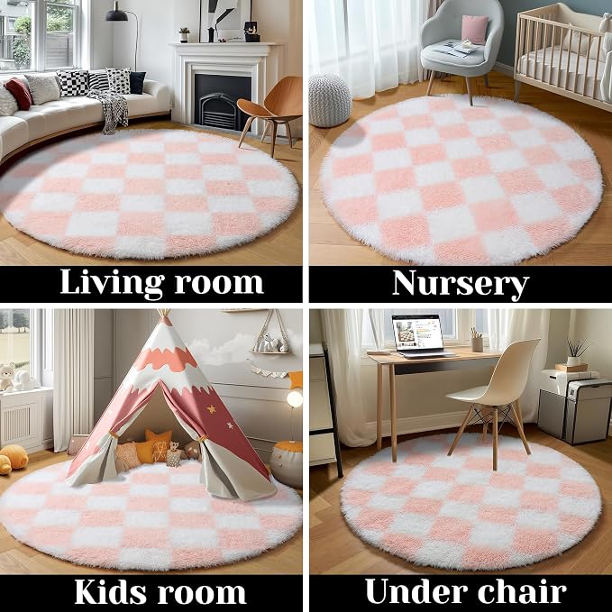 KICMOR Pink Round Rug 4ft for Girls Bedroom, Fluffy Soft Circle Area Rug Cute Small Living Room Carpet, Indoor Fuzzy Shag Shaggy Checkered Circular Rugs for Kids Room Nursery Home Decor Aesthetic