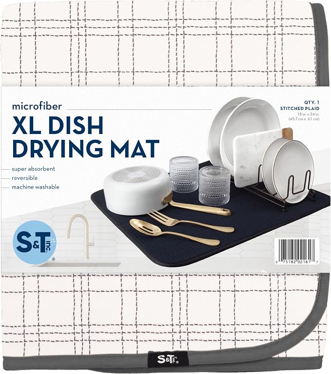 S&T INC. Dish Drying Mat XL, 18” x 24”, Absorbent Microfiber Kitchen Counter Mat, Dish Drying Pad for Dishes, Utensils, Pots and Pans, Extra Large, Stitched Plaid