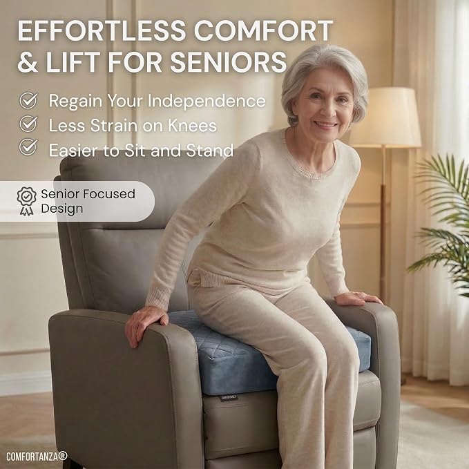 Medium-Soft 20x20x5 Memory Foam Recliner Chair Seat Cushion for Long Sitting - Armchair Pad with Washable Velvety Cover with Waterproof Layer & Non-Slip Base for Seniors & Elderly - Gray