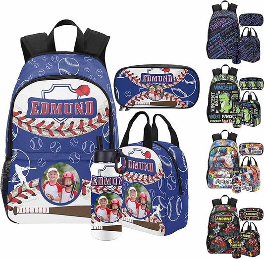 Personalized Baseball Backpack with Name Back to School Supplies Bookbag for Kids Boys Custom Football Basketball Player Schoolbag and Water Bottle Cup&Pencil Pouch School Backpacks with Lunch Box Set