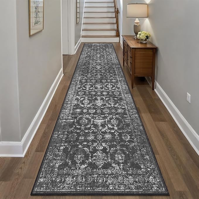 3x12 Black Runner Rug Hallway Washable Area Rugs Kitchen Vintage Boho Non Slip Long Rug Floral Carpet Indoor Retro Soft Low Pile Throw Rug for Bedroom Bathroom Laundry Dining Living Room Office