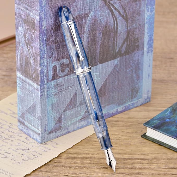 Asvine V800 Fountain Pen – Vacuum Filling System with Large Ink Capacity – Smooth Number 8 Extra Fine Nib with Gift Case and Wrench – Blue Brown
