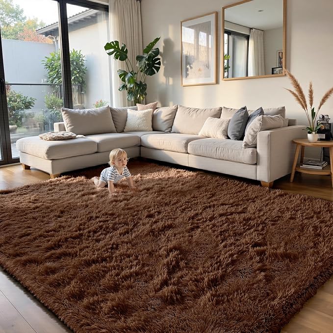 yongyangjuxin Fluffy Rug Shag Area Rug, Brown 6x9 Area Rugs for Living Room, Large Shag Area Rugs for Bedroom Room Home Decor, Upgrade Anti-Skid Rectangular Fuzzy Rugs