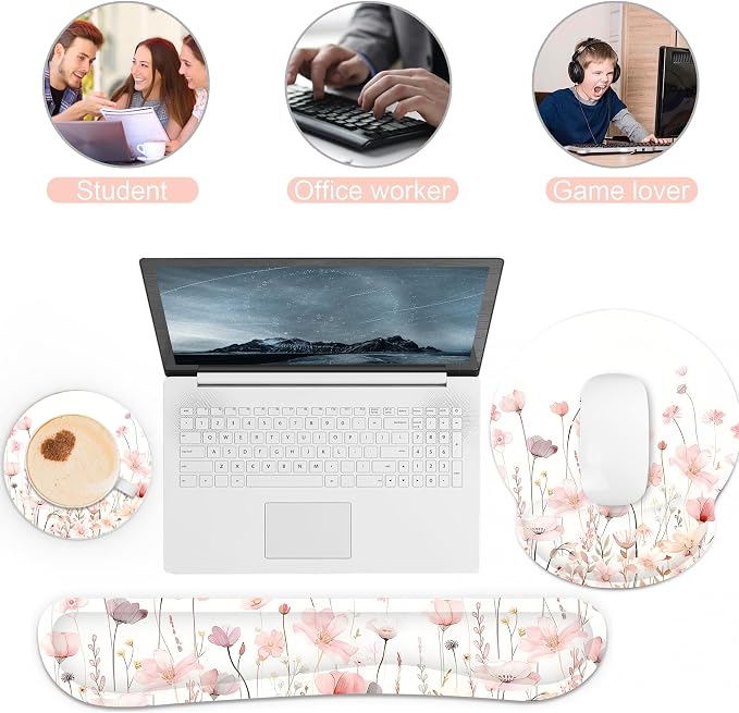 Ergonomic Mouse Pad with Wrist Rest and Keyboard Wrist Rest, Mousepad and Wrist Rest for Computer Keyboard, Non-Slip Rubber Base, Mouse Pad Wrist Support for Gaming, Office, Pink Watercolor Flower