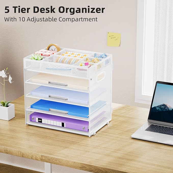 Marbrasse 5 Tier Paper Organizer, Mesh Desk Letter Tray with Handle,White | Paper Sorter Desk Organizer for Letter/A4 Office File Folder Holder Home Office Supplies