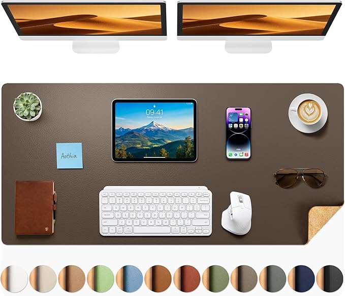 Aothia Cork Desk Mat - Dual-Sided Extra Large Desk Pad & Keyboard Mat, Long PU Leather Desk Protector, Waterproof Desktop Blotter (47" x 17", Coffee)