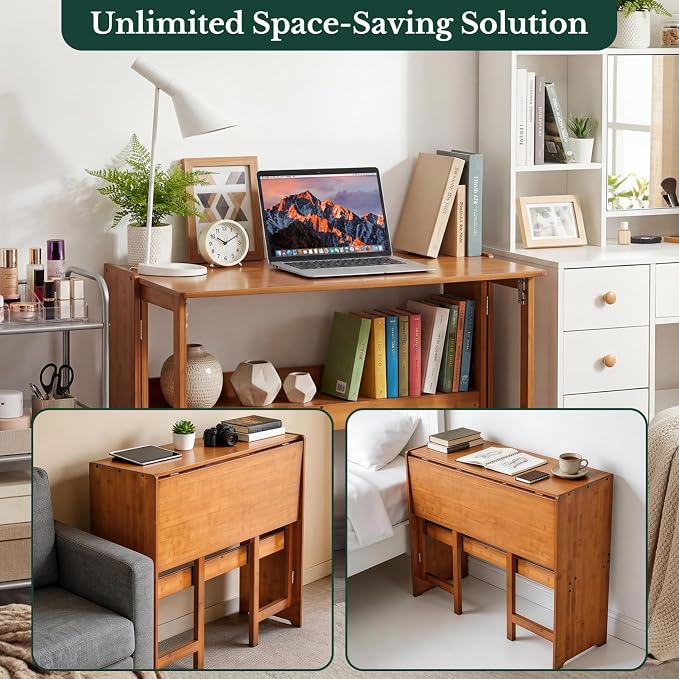 41'' Bamboo Folding Desk with Bookshelf, Space-Saving Computer Desk, Mid Century Modern Foldable Study Table for Home Office, Bedroom, Small Spaces - Brown