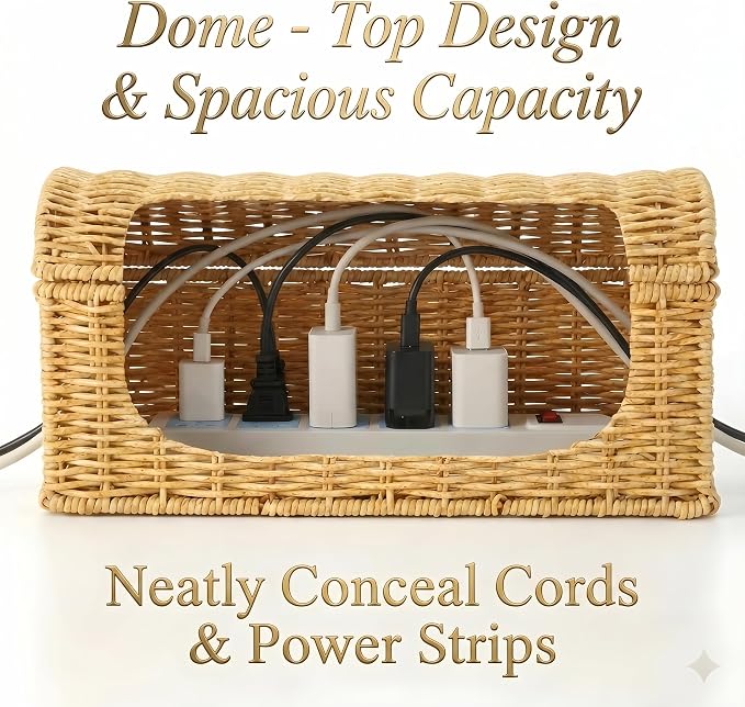 Rattan Cable Management Box, Ventilated Cord Hider with Flip Lid | Hand Woven Craft, Ventilated Heat Dissipation, Easy Access Protective Curved Flip Lid, Boho Woven Decor for Home and Office