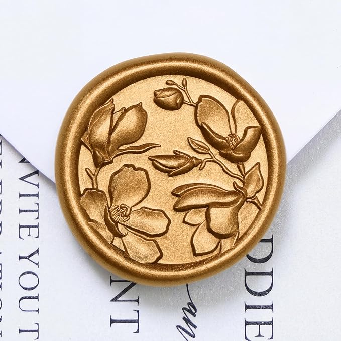 UNIQOOO Wax Seal Stickers - 3D Magnolia Wedding Invitation Envelope Botanical Seal Stickers, 100 Pcs Self-Adhesive Antique Gold Stickers, Perfect for Invitation, Christmas, Gift Wrapping, Party