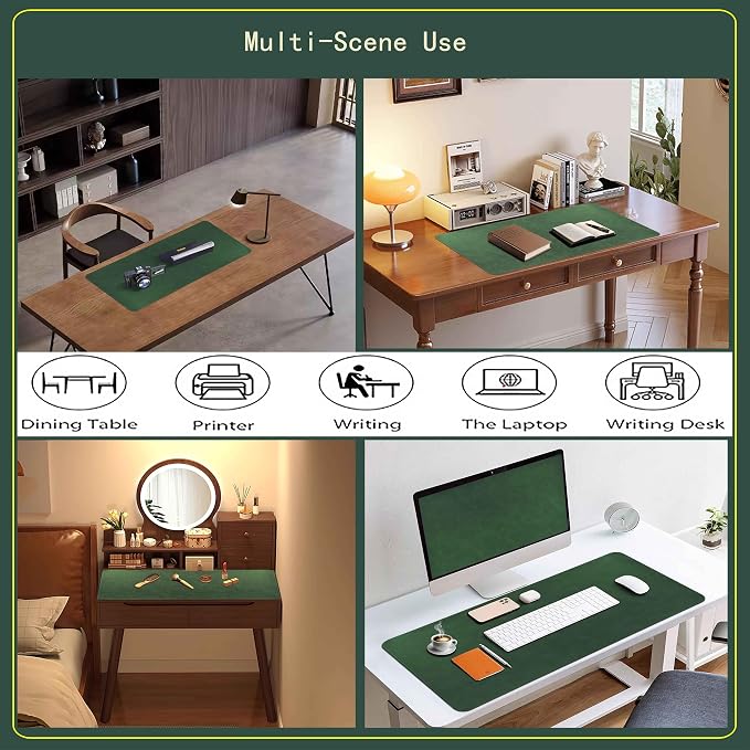 Soft Anti-Curl Faux PU Desk Mat 31.5"x15.7", Waterproof Heat Safe Non-Slip Vintage Desk Pad, Stitched Edge Wipeable Tear Resistant Desktop Protector for Work From Home Office (Retro Green)