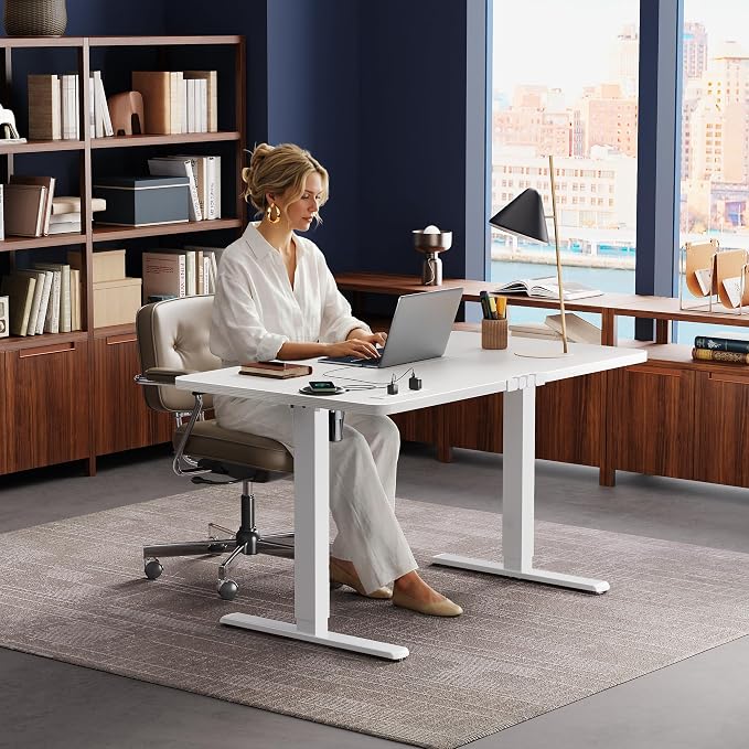 Huuger Electric Standing Desk with Power Outlets and USB-C Port, 47 X 24 Inch Height Adjustable Desk, Sit Stand Desk for Home Office, Computer & Gaming Desk with 4 Presets, Stable Steel Frame, White
