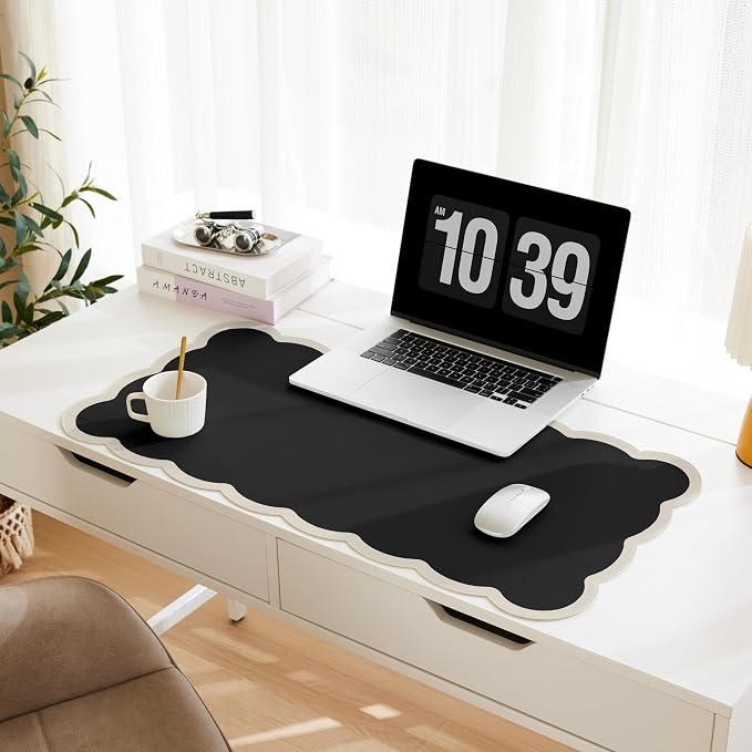 Scalloped Desk Mat, 31.5" x 15.7" Black Beige Large Cute Aesthetic Desk Accessories, PU Leather Computer Laptop Desk Mouse Keyboard Pad, Desk Writing Mat for Vanity/Work/Home Decor