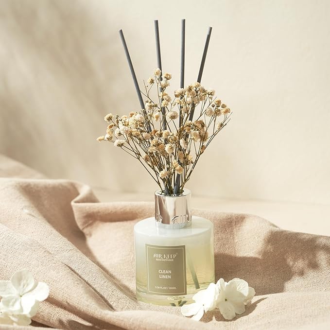Airkeep Reed Diffuser Set,3.38 fl oz (100 ml) - Clean Linen Oil Diffusers with 8 Reed Sticks,Home Fragrance Reed Diffuser for Bathroom Shelf Decor