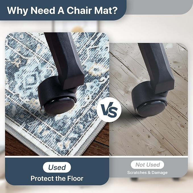 Office Chair Mat for Hardwood Tile Floor, Under Desk Carpet Protector for Rolling Computer Chair Mat, Round Washable Rugs 5ft Circle Area Rug, Anti-Slip 1/5" Thick Low Pile Thin Floor Mat, Blue