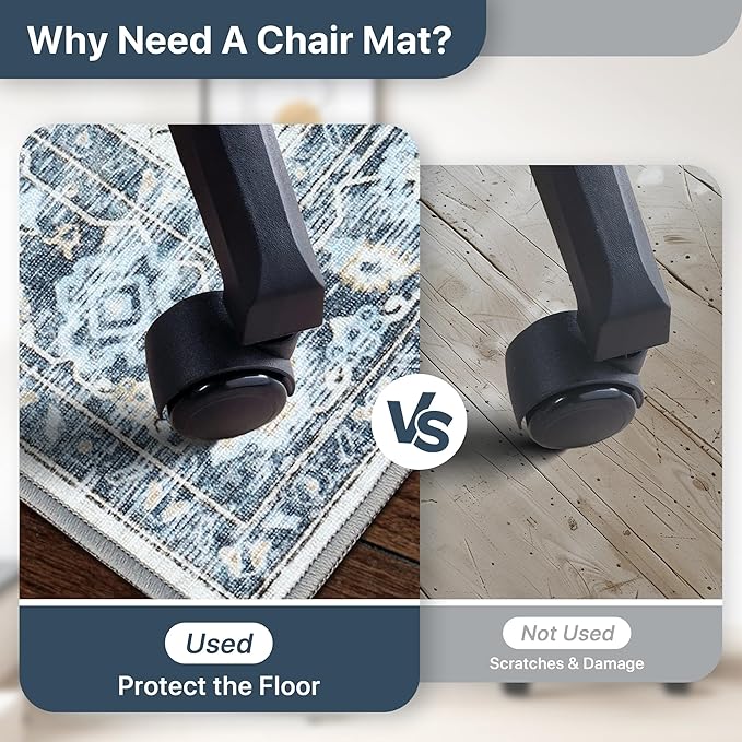 48"x72" Office Chair Mat for Hardwood Tile Floor, Under Desk Carpet Protector for Rolling Computer Chair Mat, Machine Washable Area Rug, Anti-Slip 1/5" Thick Low Pile Thin Vinyl Floor Mat, Blue