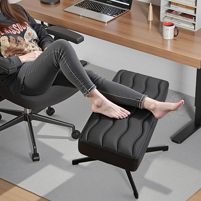 VECELO Under Desk Footrest, PU Ergonomic Foot Rest with Comfort Padding, Height Adjustable for Relieving Leg Pain, Stiffness, and etc, Black