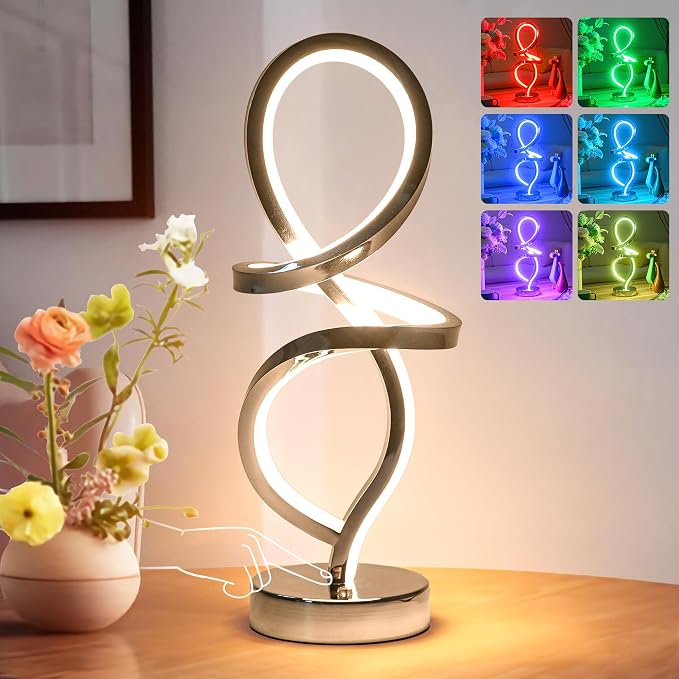 Mayful RGB Modern Table Lamp with 15W LED Unique Spiral Design, Silver Small Bedside Lamp & Nightstand Lamp, Touch Dimmable with 7 Colors & 10 Modes for Bedroom, Living Room, Nightstand, Office