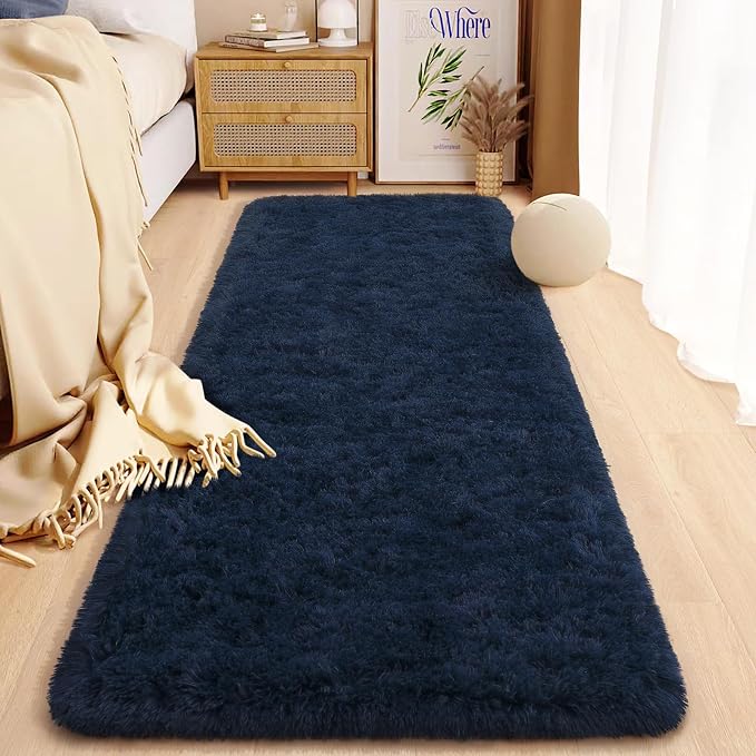 HOMORE 2'x6' Runner Rugs for Bedroom, Navy Blue Ruuner Rug for Hallway Entryway Laundry, Modern Shag Bedroom Runner Cute Carpets for Kids Dorm Bedside