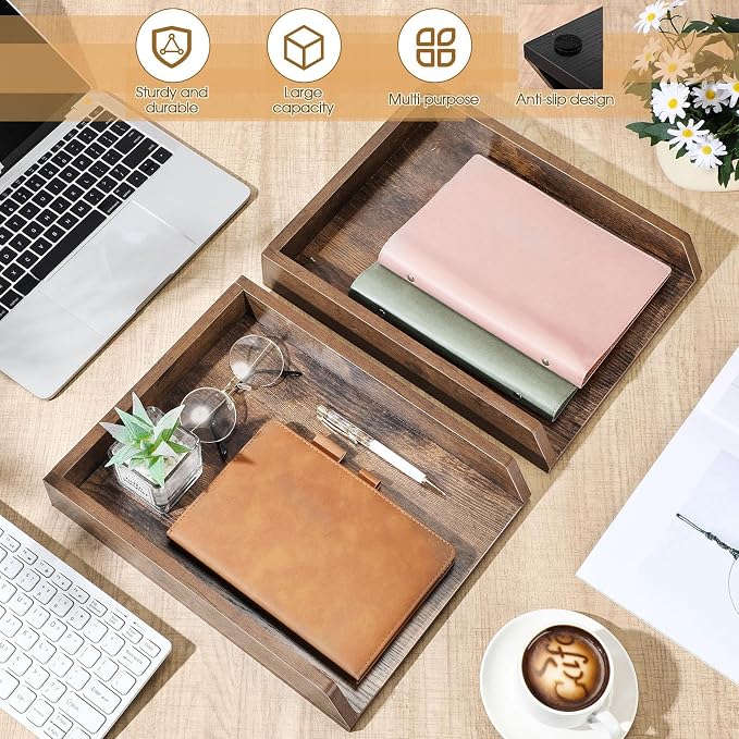 DoubleFill 2 Pcs Wooden Letter Trays 2 Tier Desktop Paper Organizer Wood Letter-Size Desk Document Tray Heavy Duty Stackable Paper Drawer Holder File Folder Back to School Office Home (Dark Wood)