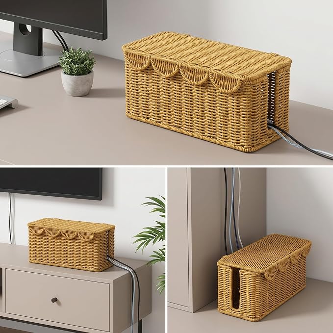 2PCS Cable Management Box, Handwoven Imitation Rattan Cord Organizer, Handmade Rattan Cable Organizer Wire Hider Box, Open Slots Cords Hider BoxCord Basket Under Desk Cord Organizers