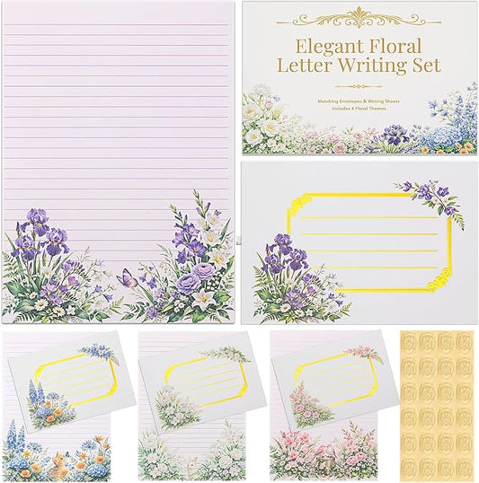 Elegant Floral Stationary Set Letter and Envelopes with 4 Unique Designs, Lined Letter Writing Stationery Paper and Envelopes Set, Letter Writing Kit, Cute Stationery Set for Women