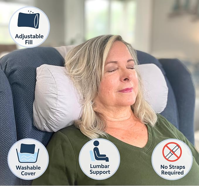 Recliner Pillow for Lumbar, Neck, and Cervical Support, Sleep, Couch, Office Chair, Headrest, Weighted, No Velcro Required, (Navy Blue)