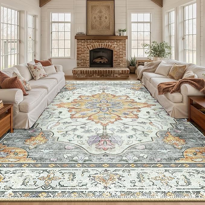 RELEANY Area Rugs Large 10'x14' Washable Non-Slip, Floral Vintage Distress Medallion Carpet for Living Room Bedroom Dining Room, Beige Carbon Grey Orange