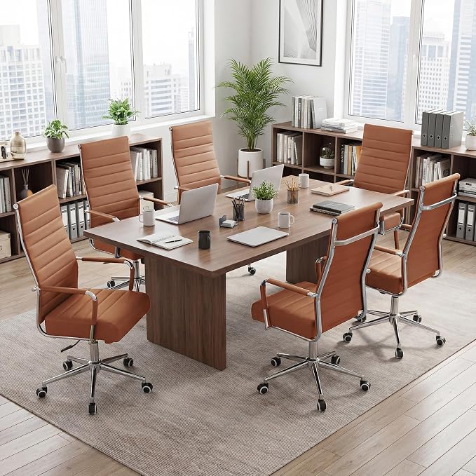 JOMEED Office Desk Chair,Conference Room Chair,High Back PU Leather Swivel | Modern Executive Ribbed Design, Ergonomic, Height Adjustable, Wheels and Arms, for Home Office(Brown-Silver Frame)
